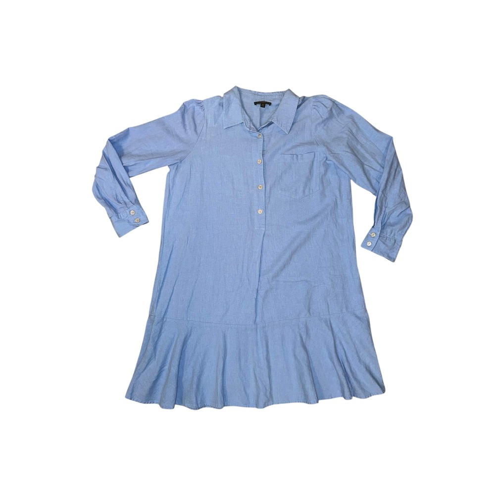 For Cynthia Shirt Dress Womens‎ Medium Blue Linen Blend Ruffle Hem